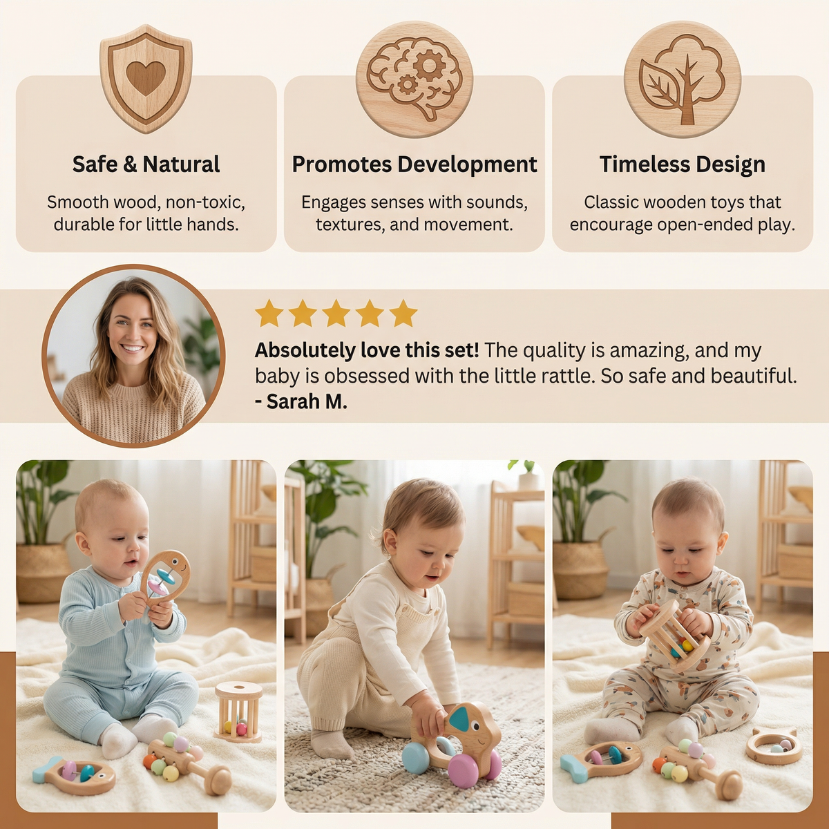Wooden Baby Rattle Set with Multiple Grip Shapes and Gentle Sounds for Newborns
