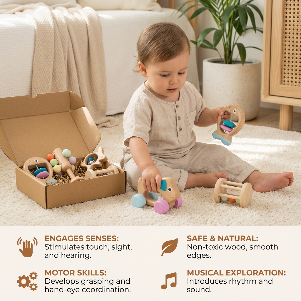 Wooden Baby Rattle Set with Multiple Grip Shapes and Gentle Sounds for Newborns