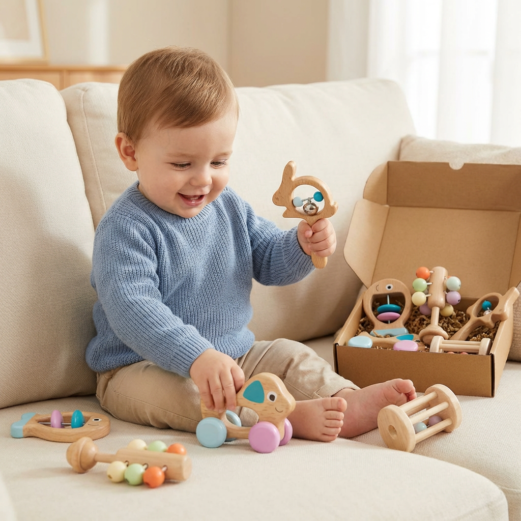 Wooden Baby Rattle Set with Multiple Grip Shapes and Gentle Sounds for Newborns