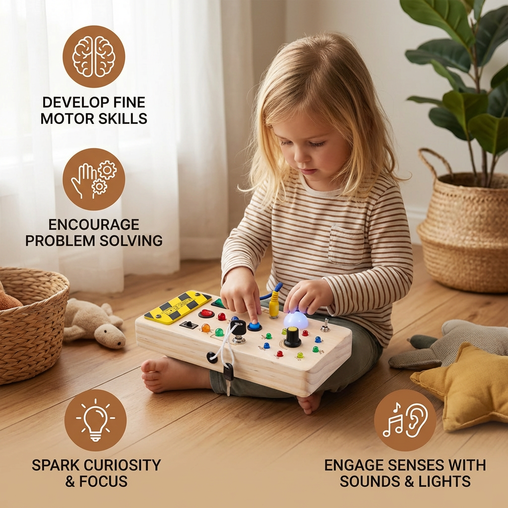 Interactive Wooden Sensory Board with Lights and Switches for Early Learning
