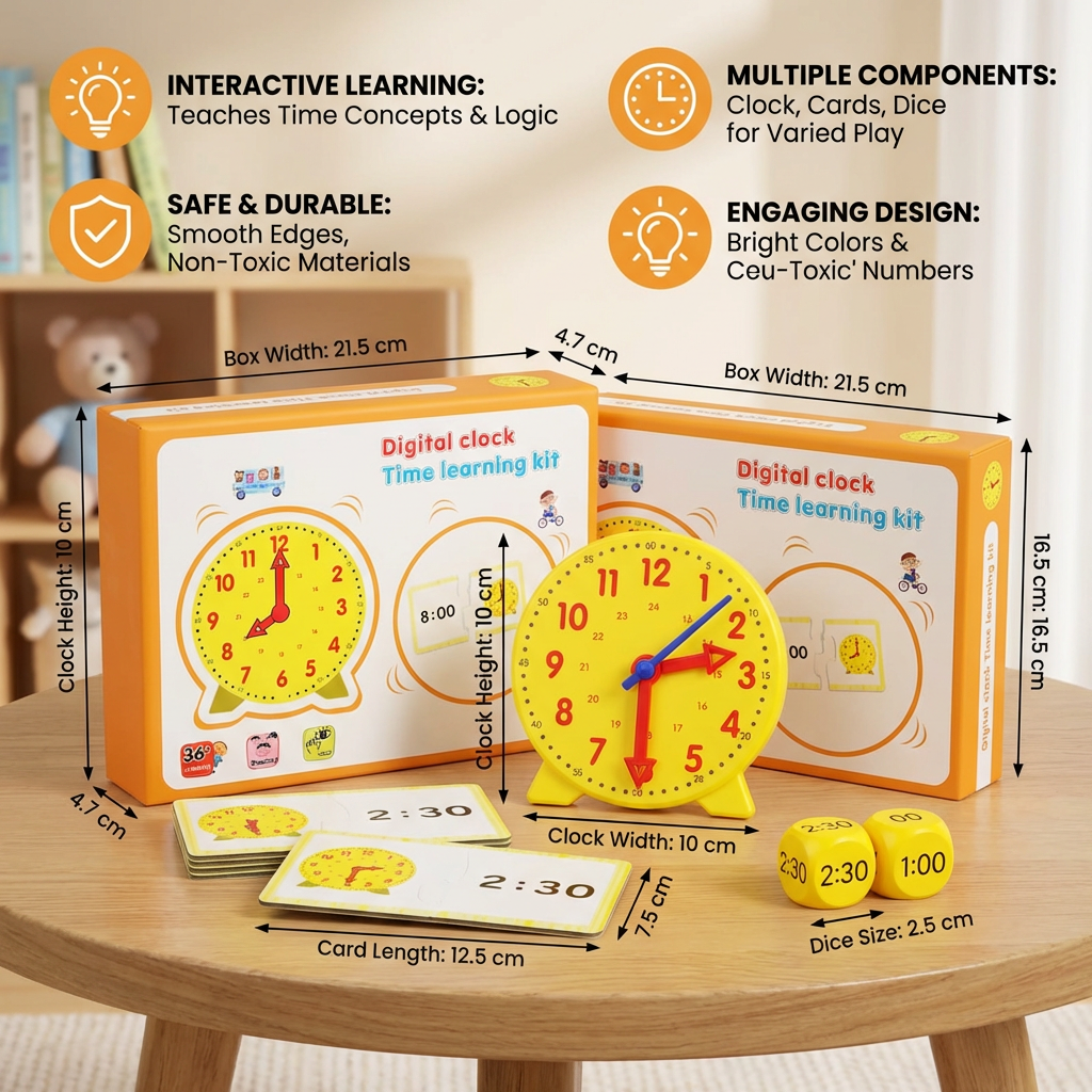 Interactive Time Learning Clock with Movable Hands and Matching Cards