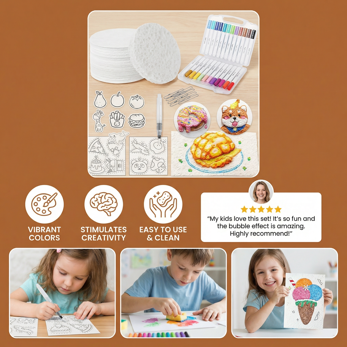 Sponge Painting Set for Kids with Bubble Texture Effect and Multiple Shapes