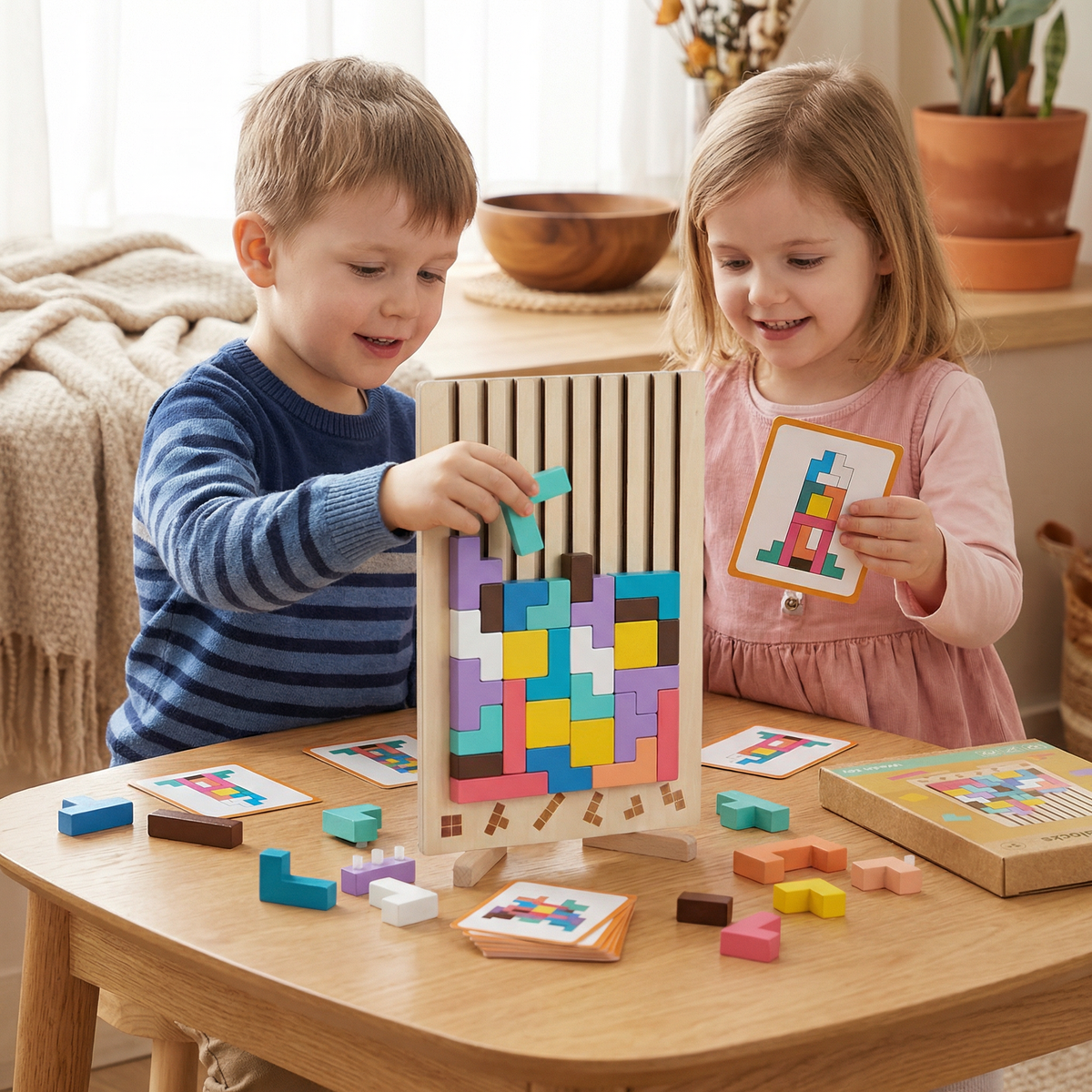 Wooden Shapes Puzzle Board with Geometric Pieces for Pattern Building