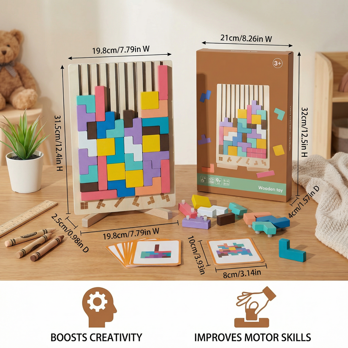 Wooden Shapes Puzzle Board with Geometric Pieces for Pattern Building