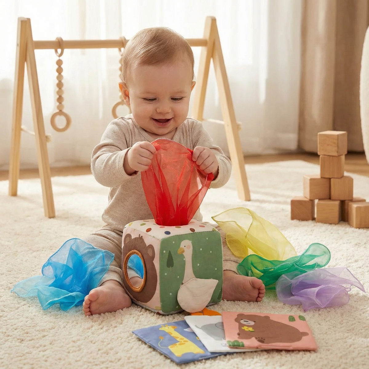Baby Sensory Tissue Box with Crinkle Fabric Pieces and Texture Exploration