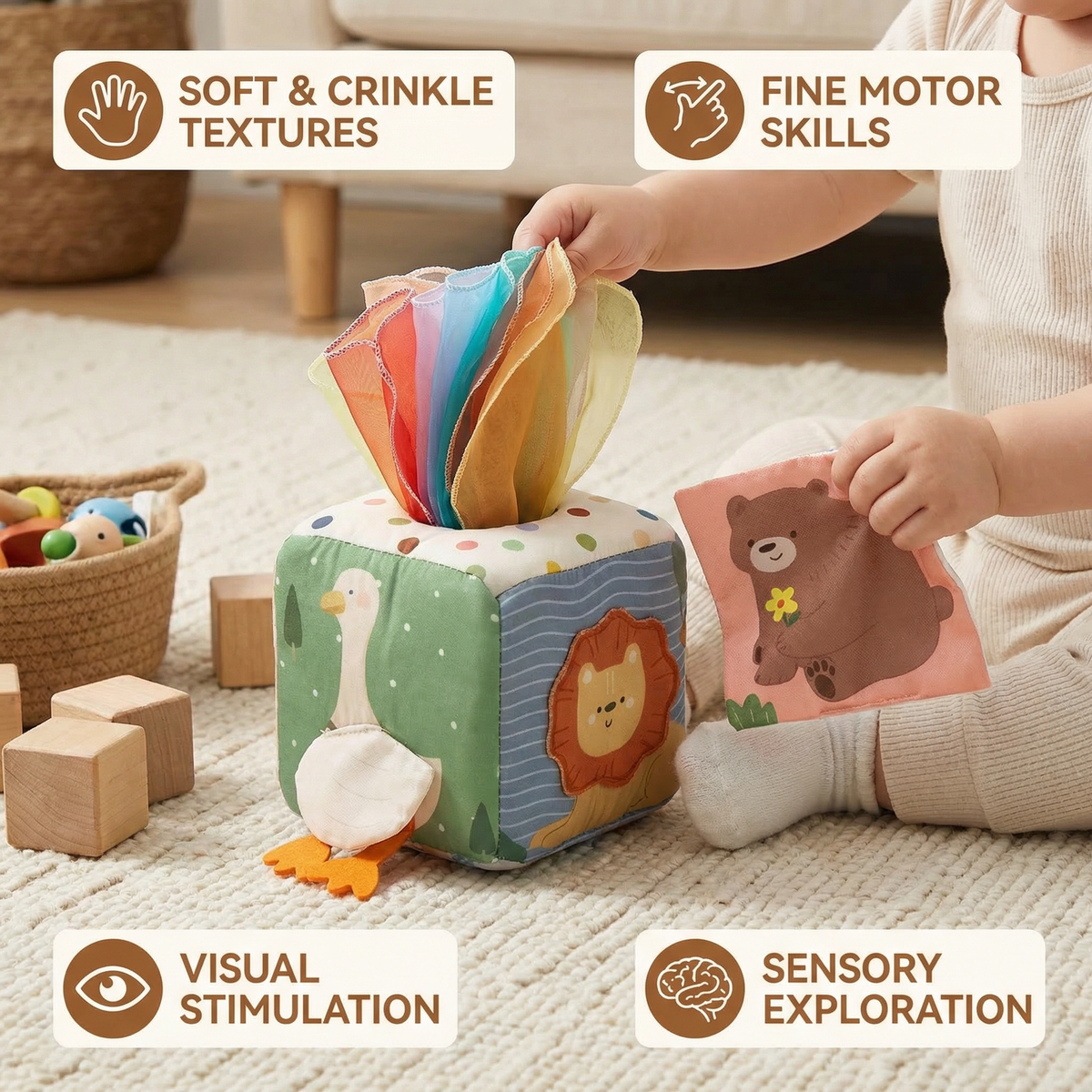 Baby Sensory Tissue Box with Crinkle Fabric Pieces and Texture Exploration