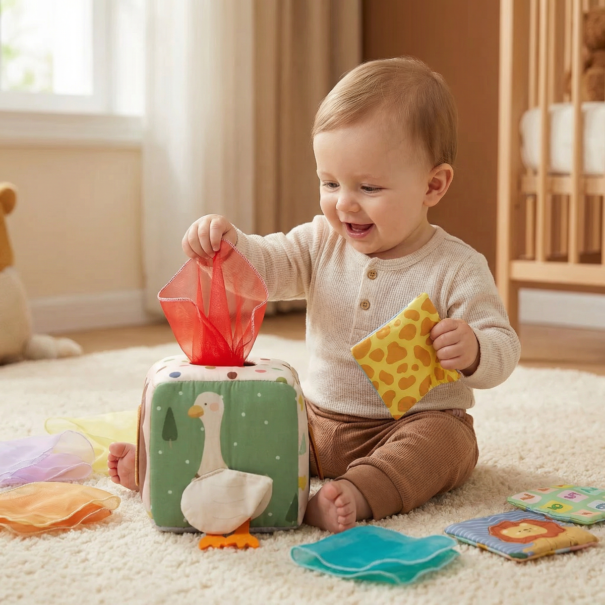 Baby Sensory Tissue Box with Crinkle Fabric Pieces and Texture Exploration