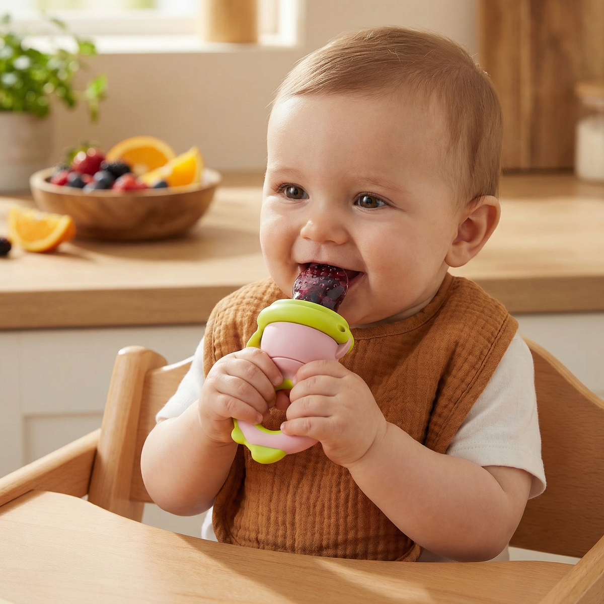 Silicone Baby Feeder with Press Mechanism and Soft Mesh Tip for Self-Feeding