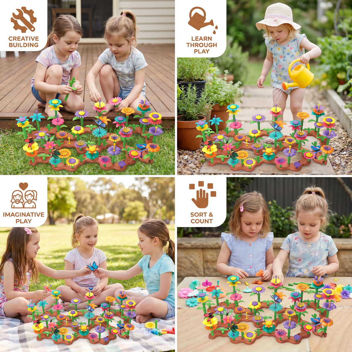 Flower Garden Pegging Game with Colorful Peg Pieces and Multiple Flower Designs