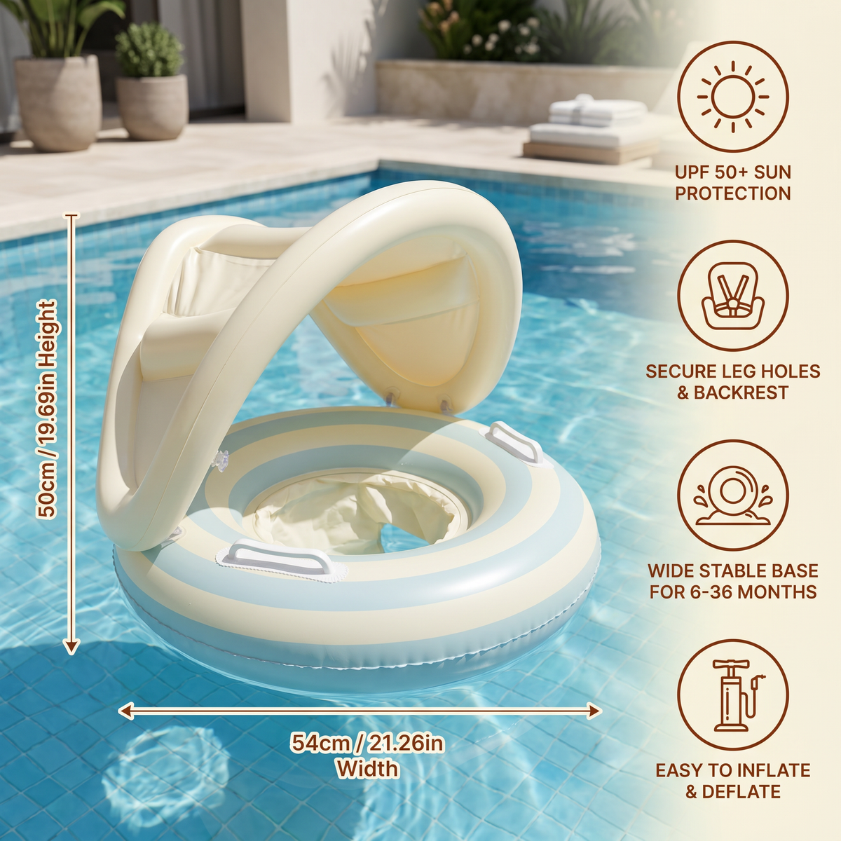 Baby Swim Ring with Integrated Seat and Removable Sun Canopy for 6-36 Months
