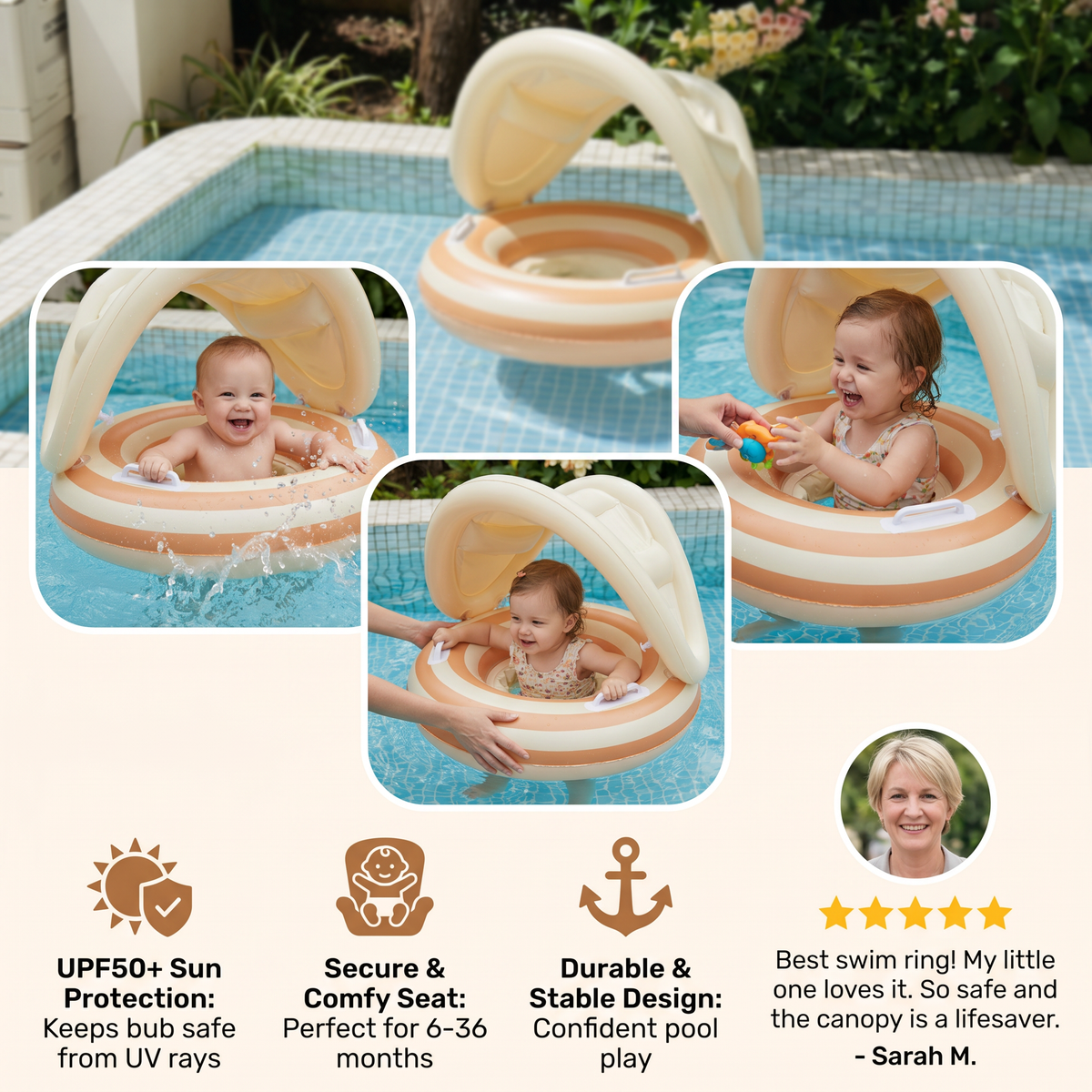 Baby Swim Ring with Integrated Seat and Removable Sun Canopy for 6-36 Months