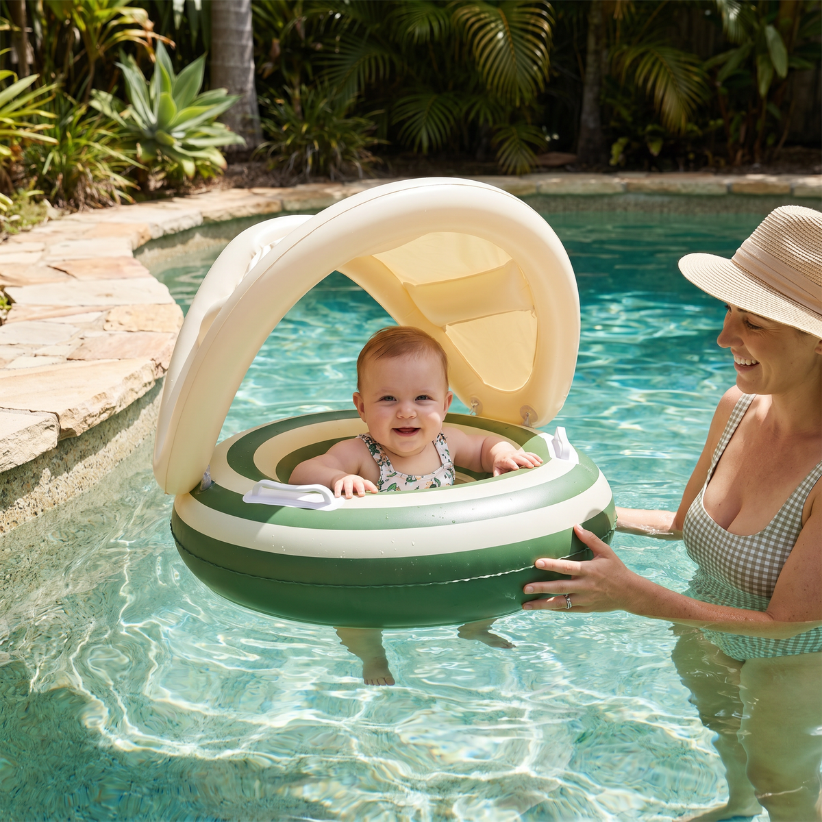 Baby Swim Ring with Integrated Seat and Removable Sun Canopy for 6-36 Months