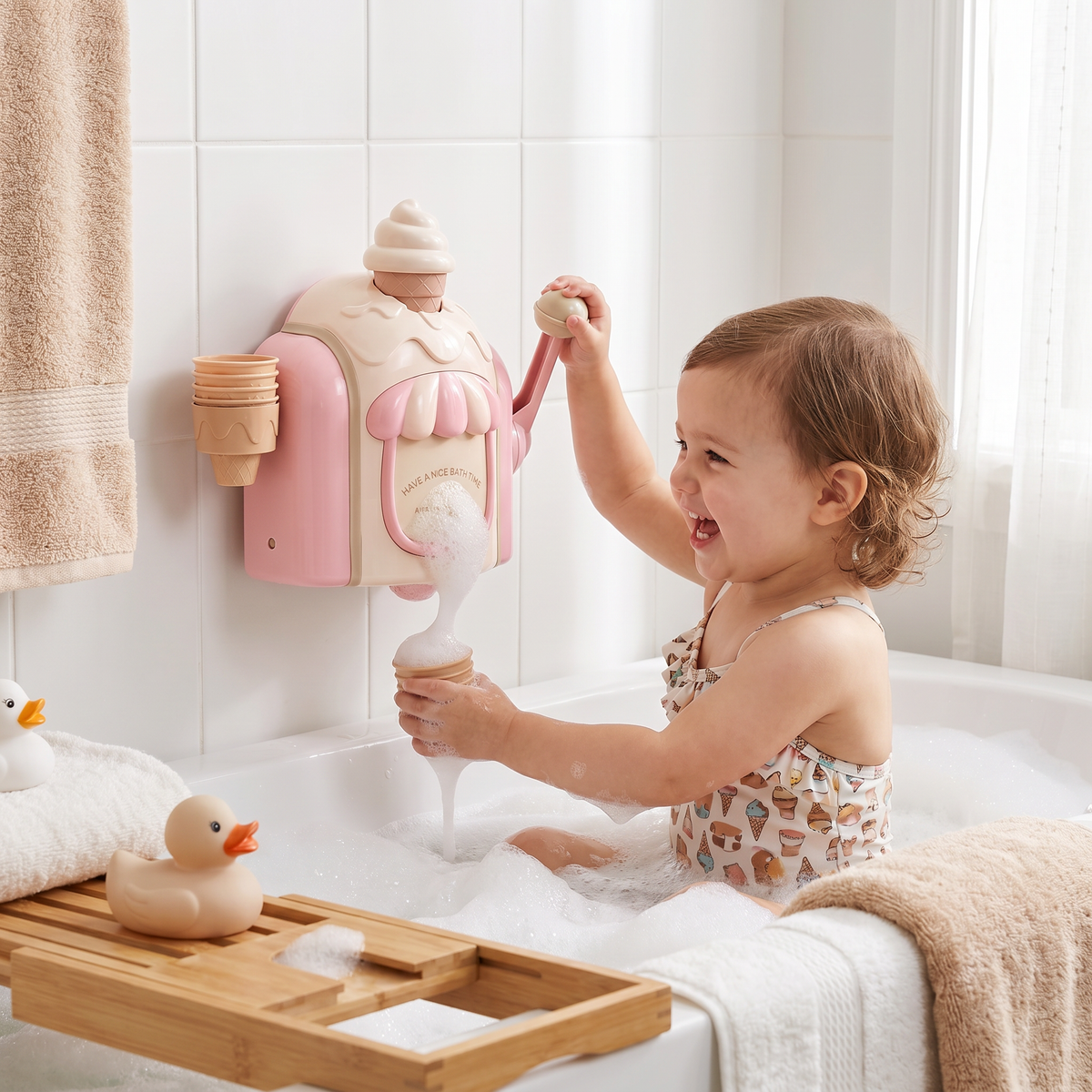 Bubble Making Ice Cream Toy for Bath Time with Smiling Face Design