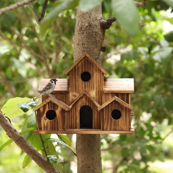 Wooden Birdhouse with 6 Multi-Directional Entrances and Hanging Hook