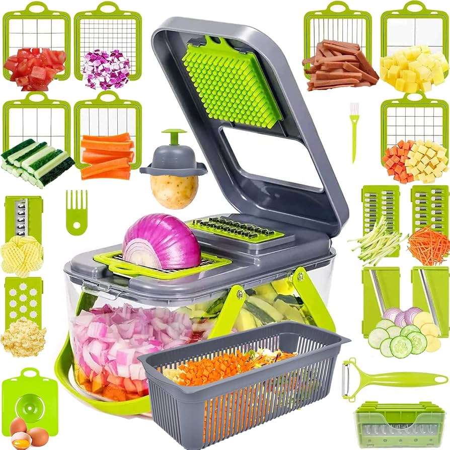Vegetable Slicer with 18 Interchangeable Blades and Hand Guard, Built-in Container
