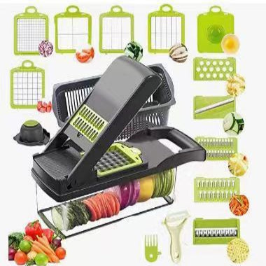 Vegetable Slicer with 18 Interchangeable Blades and Hand Guard, Built-in Container