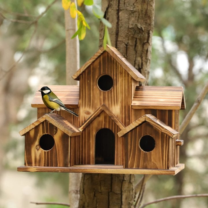 Wooden Birdhouse with 6 Multi-Directional Entrances and Hanging Hook
