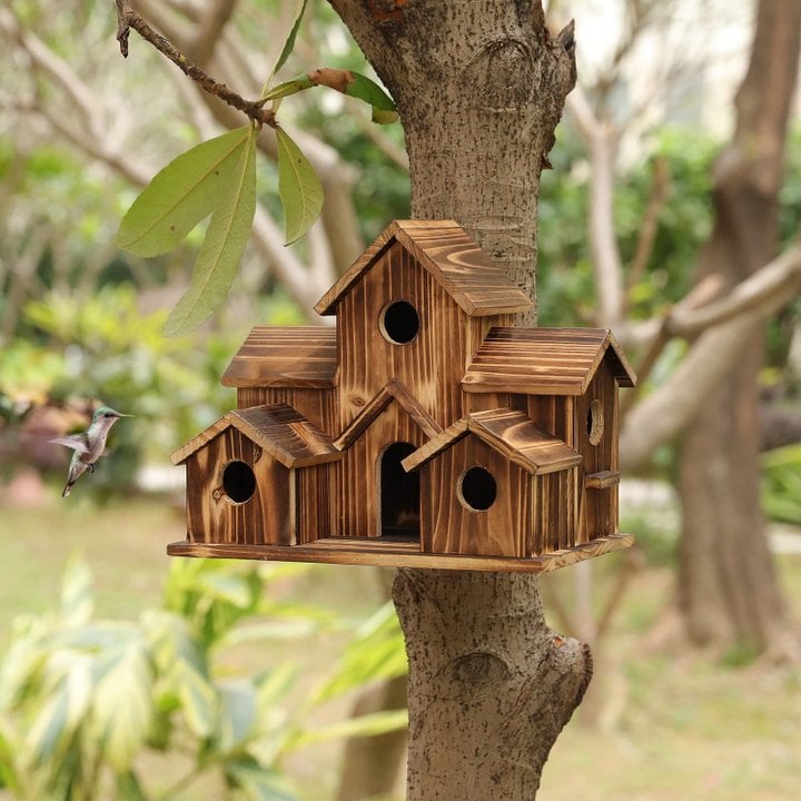 Wooden Birdhouse with 6 Multi-Directional Entrances and Hanging Hook