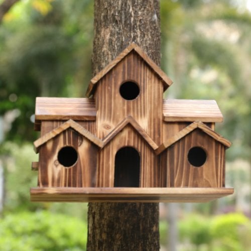 Wooden Birdhouse with 6 Multi-Directional Entrances and Hanging Hook
