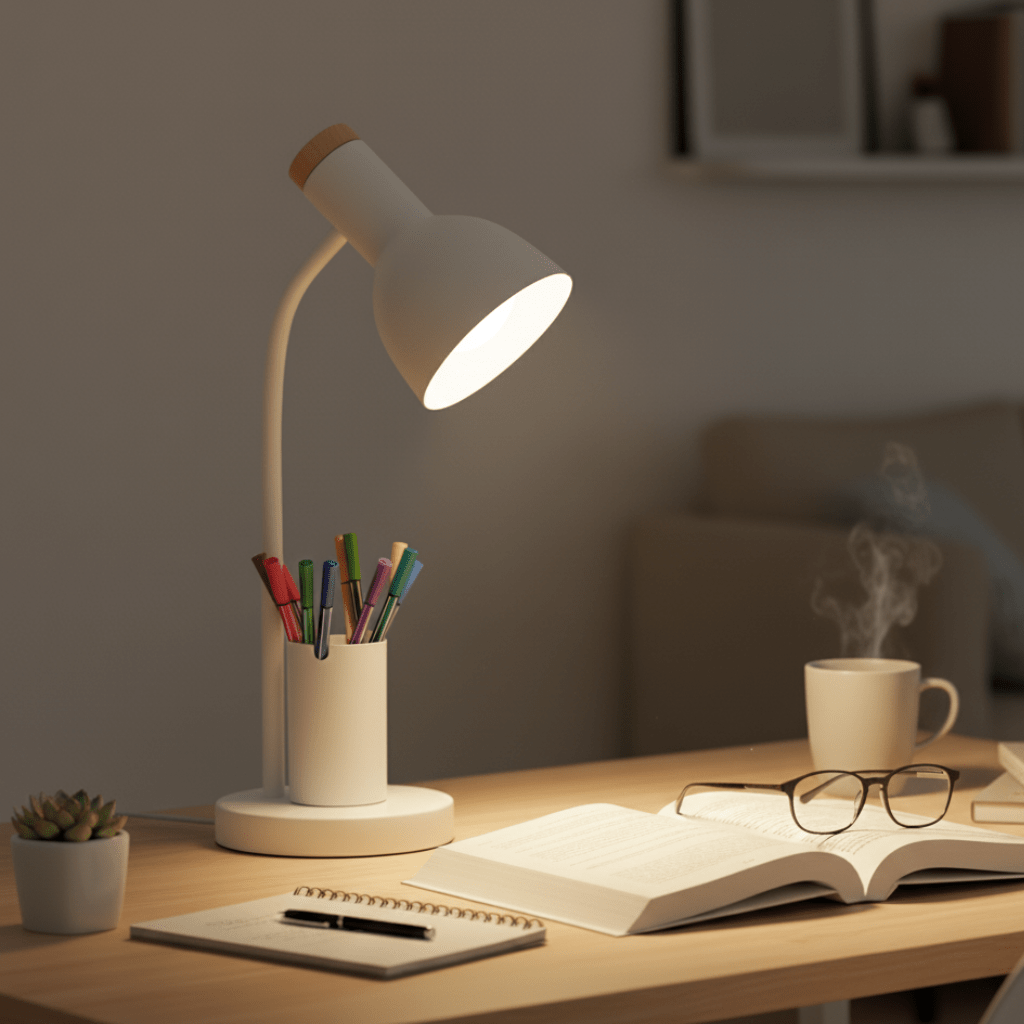 Modern LED Desk Lamp with Pen Holder, Three Light Colors and Adjustable Head in 4 Colors