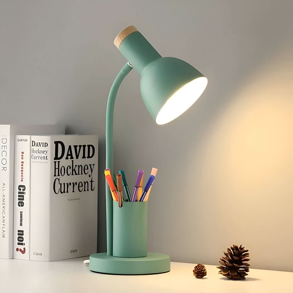 Modern LED Desk Lamp with Pen Holder, Three Light Colors and Adjustable Head in 4 Colors