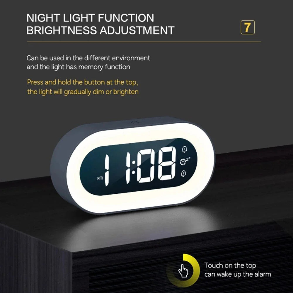Alarm Clock with Dimmable Night Light and USB-C Charging, Portable Design