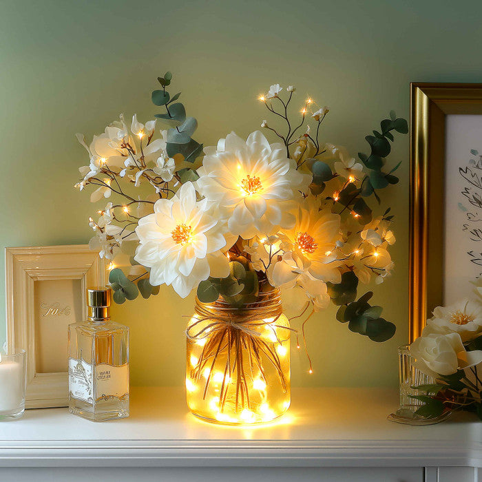 Light Up Flower Jar Arrangement with Warm LED Lights for Tables and Shelves