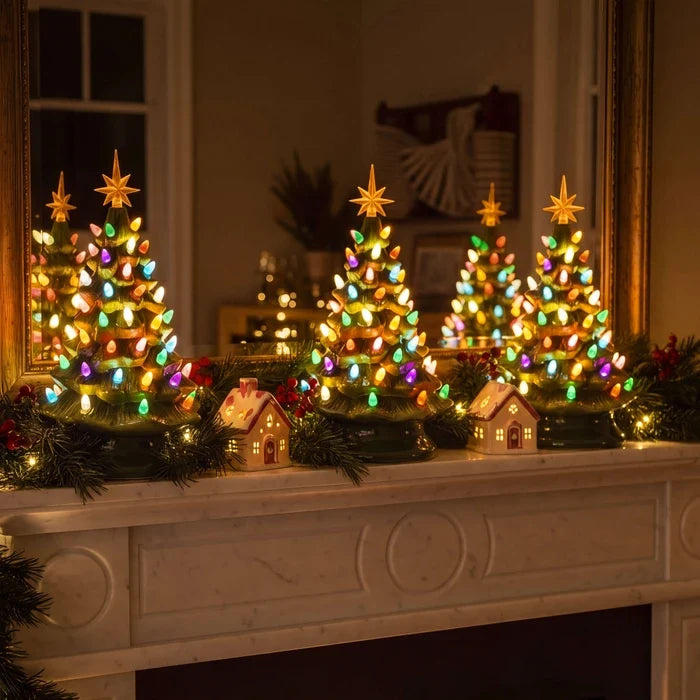Tabletop Christmas Tree Light with Golden Star Topper Sculpted Evergreen Look and Warm Glow