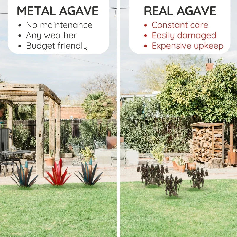Metal Agave Plant Decorative Sculpture with Rust Finish and Weather Resistant Coating