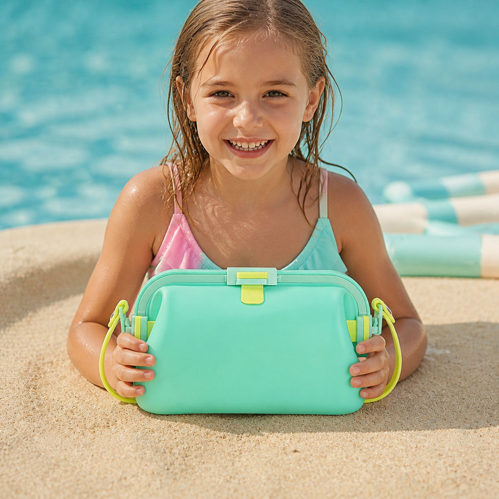Silicone Beach Bag with Fold-Over Seal and Adjustable Shoulder Strap