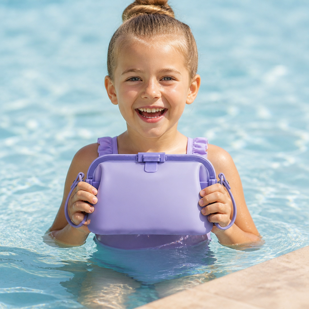Silicone Beach Bag with Fold-Over Seal and Adjustable Shoulder Strap