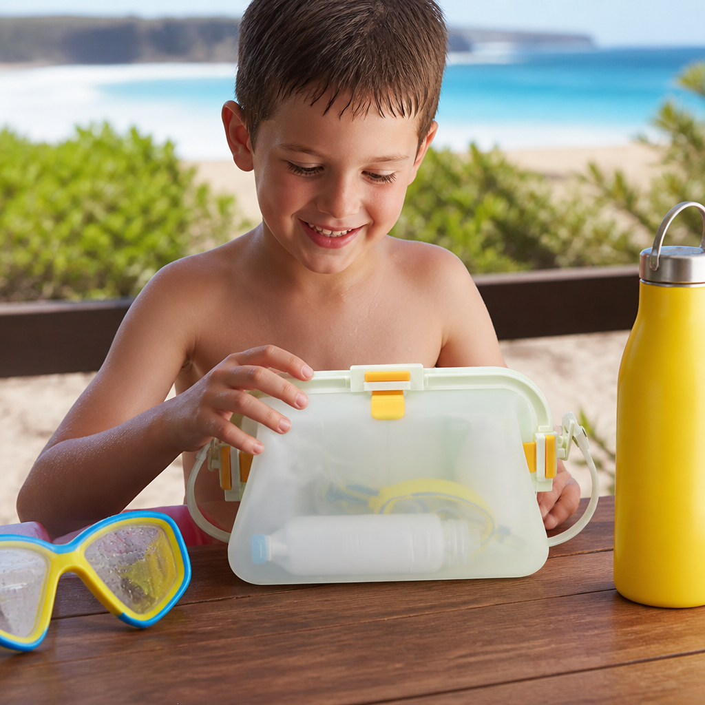Silicone Beach Bag with Fold-Over Seal and Adjustable Shoulder Strap