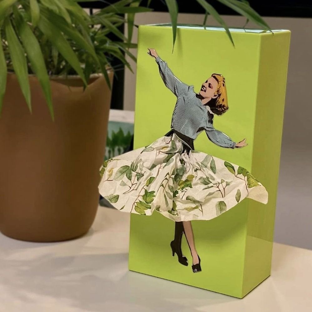 Decorative Tissue Holder with Moving Skirt and Weighted Base