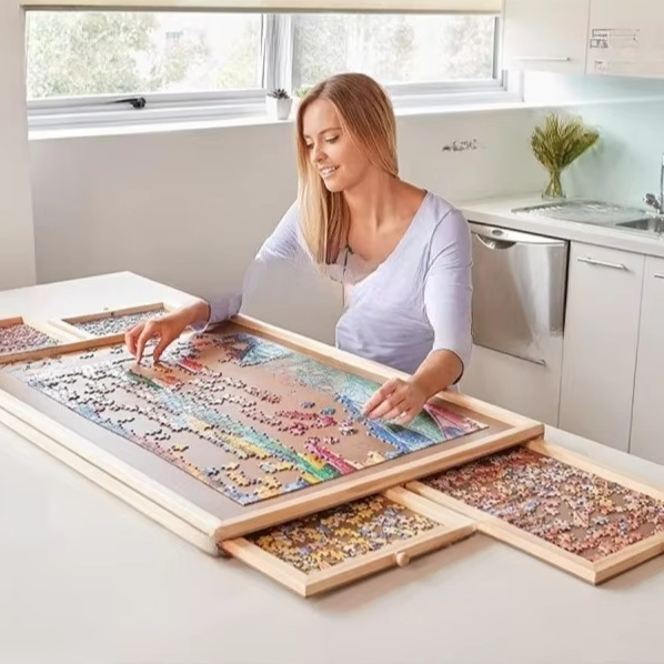 Wooden Puzzle Table with Four Drawers and Auxiliary Board for 1500 Pieces