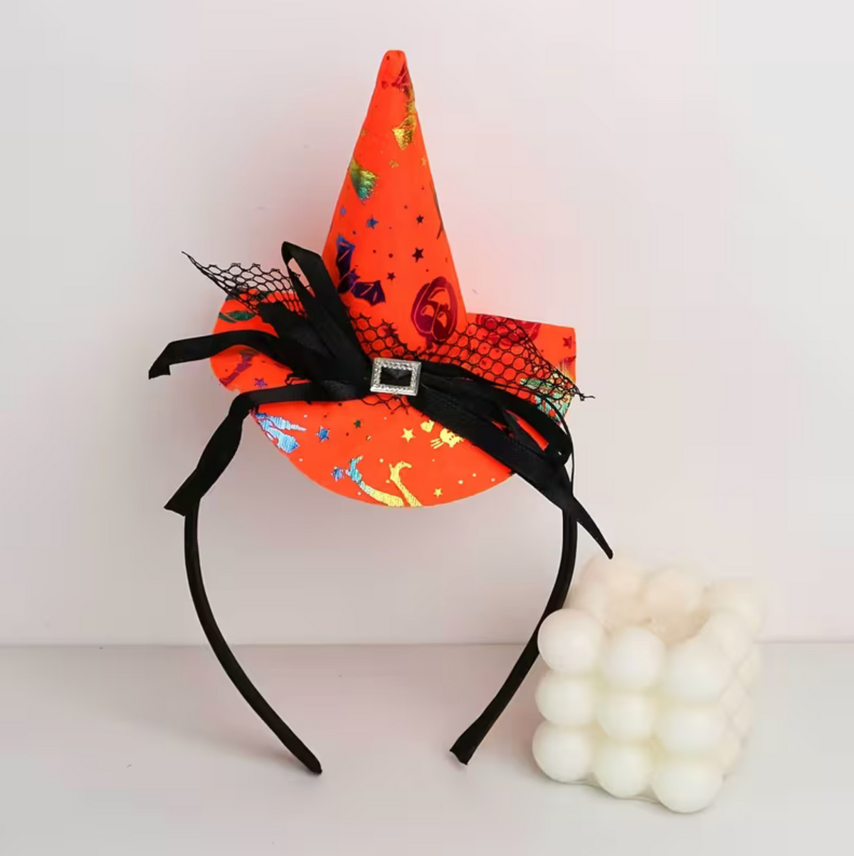 Orange Witch Hat Headband with Mini Pointed Hat, Lace Edging, and Spider Web Print