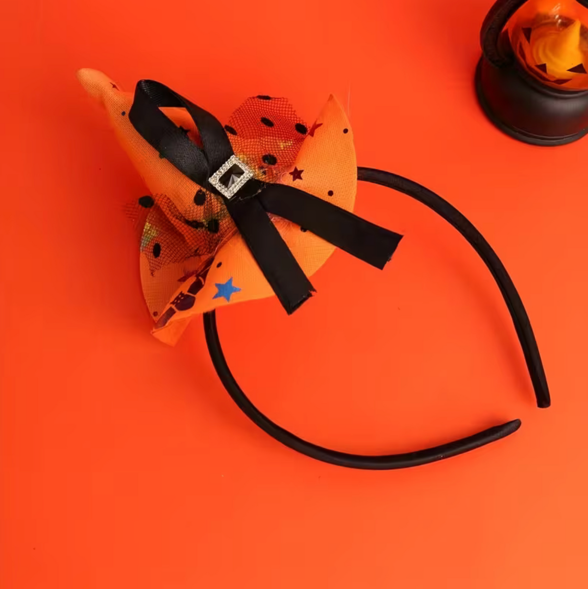 Orange Witch Hat Headband with Mini Pointed Hat, Lace Edging, and Spider Web Print