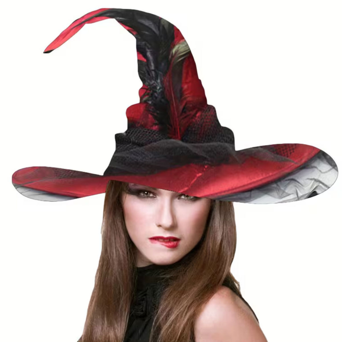 Tall Witch Hat with Sheer Veil, Wide Flat Brim, and Adjustable Sizing Band in Two Colors