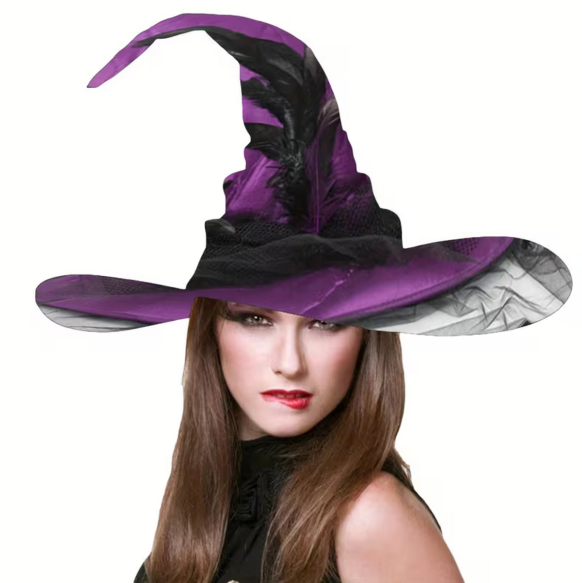 Tall Witch Hat with Sheer Veil, Wide Flat Brim, and Adjustable Sizing Band in Two Colors