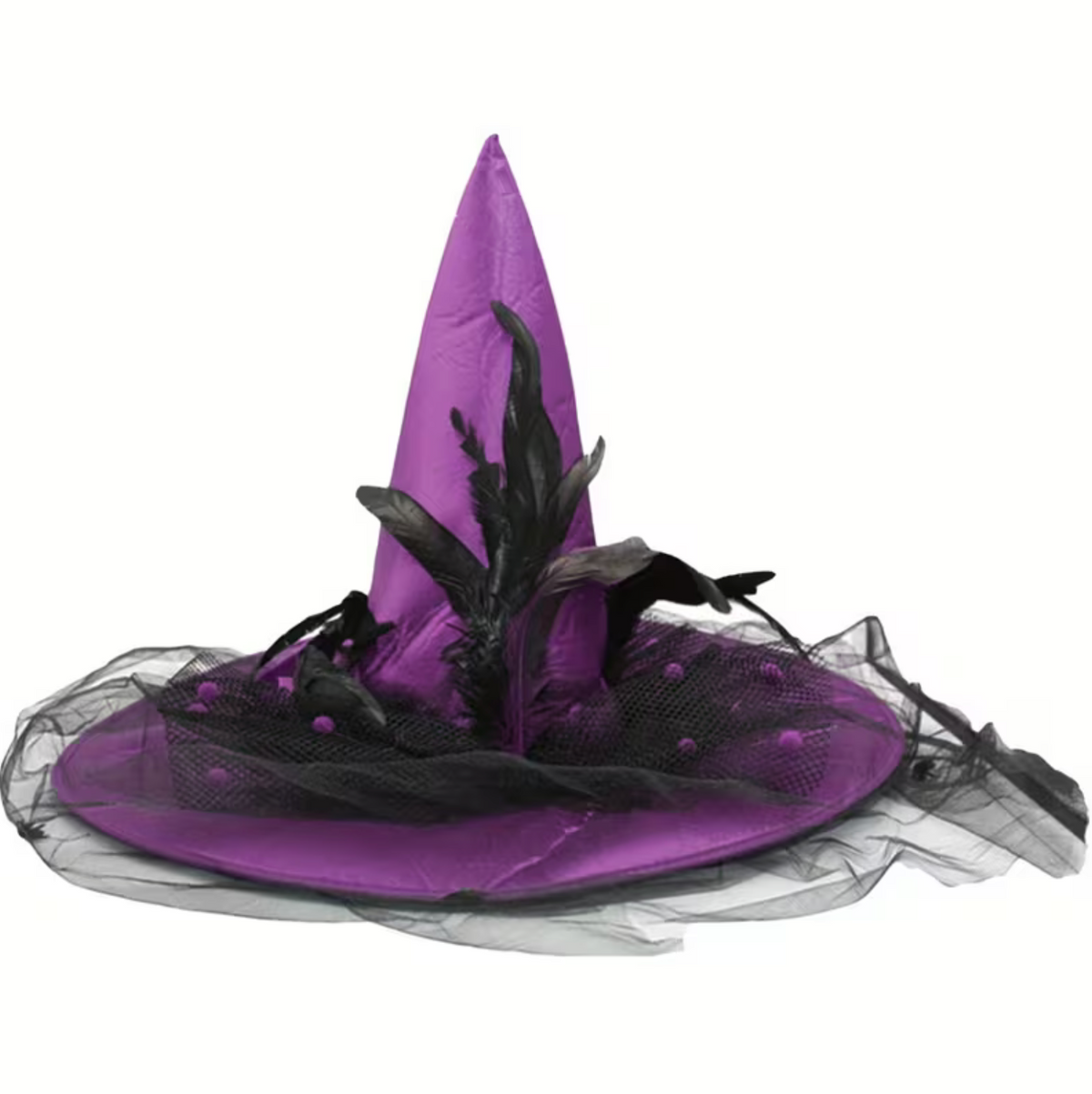Tall Witch Hat with Sheer Veil, Wide Flat Brim, and Adjustable Sizing Band in Two Colors
