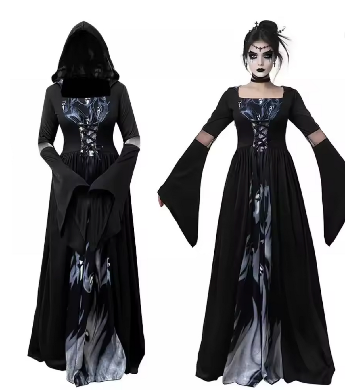 Gothic Witch Dress with Dramatic Bell Sleeves and Cinched Waist