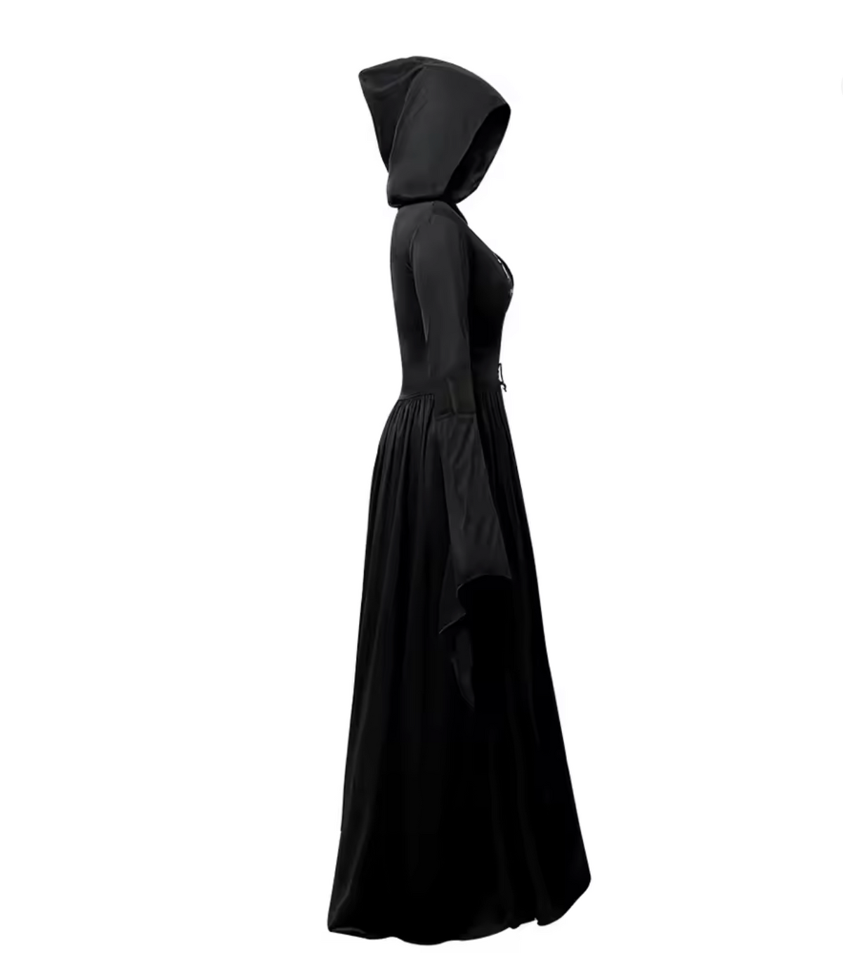Gothic Witch Dress with Dramatic Bell Sleeves and Cinched Waist