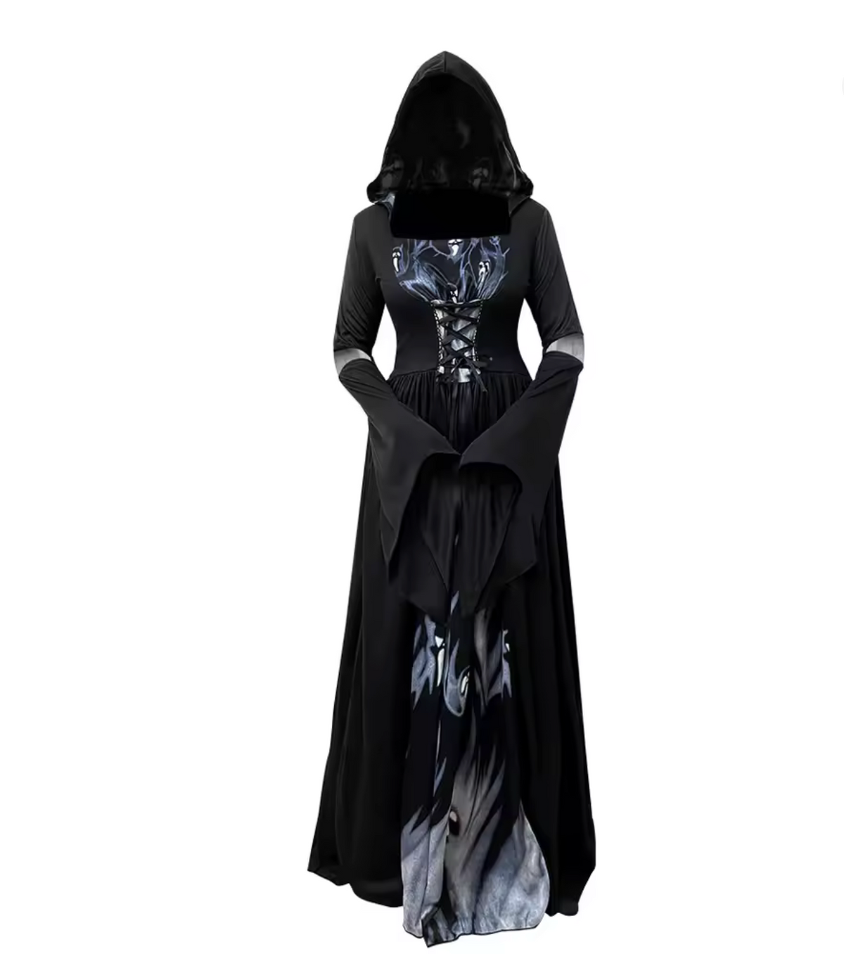 Gothic Witch Dress with Dramatic Bell Sleeves and Cinched Waist