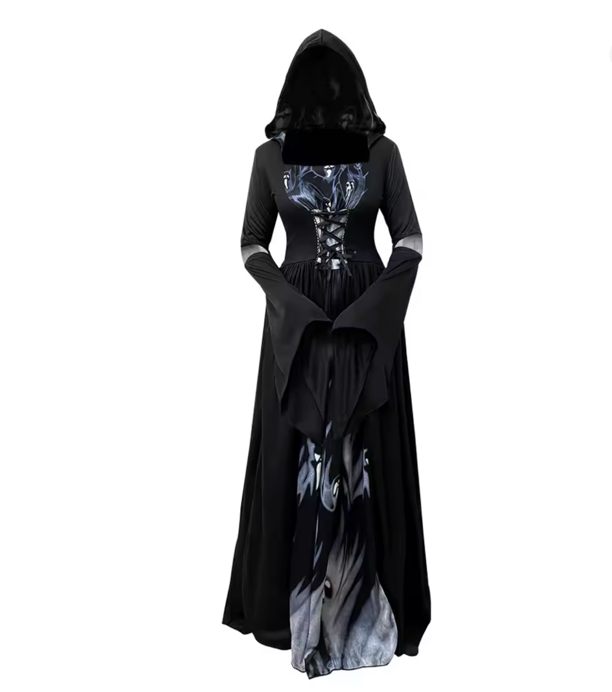 Gothic Witch Dress with Dramatic Bell Sleeves and Cinched Waist