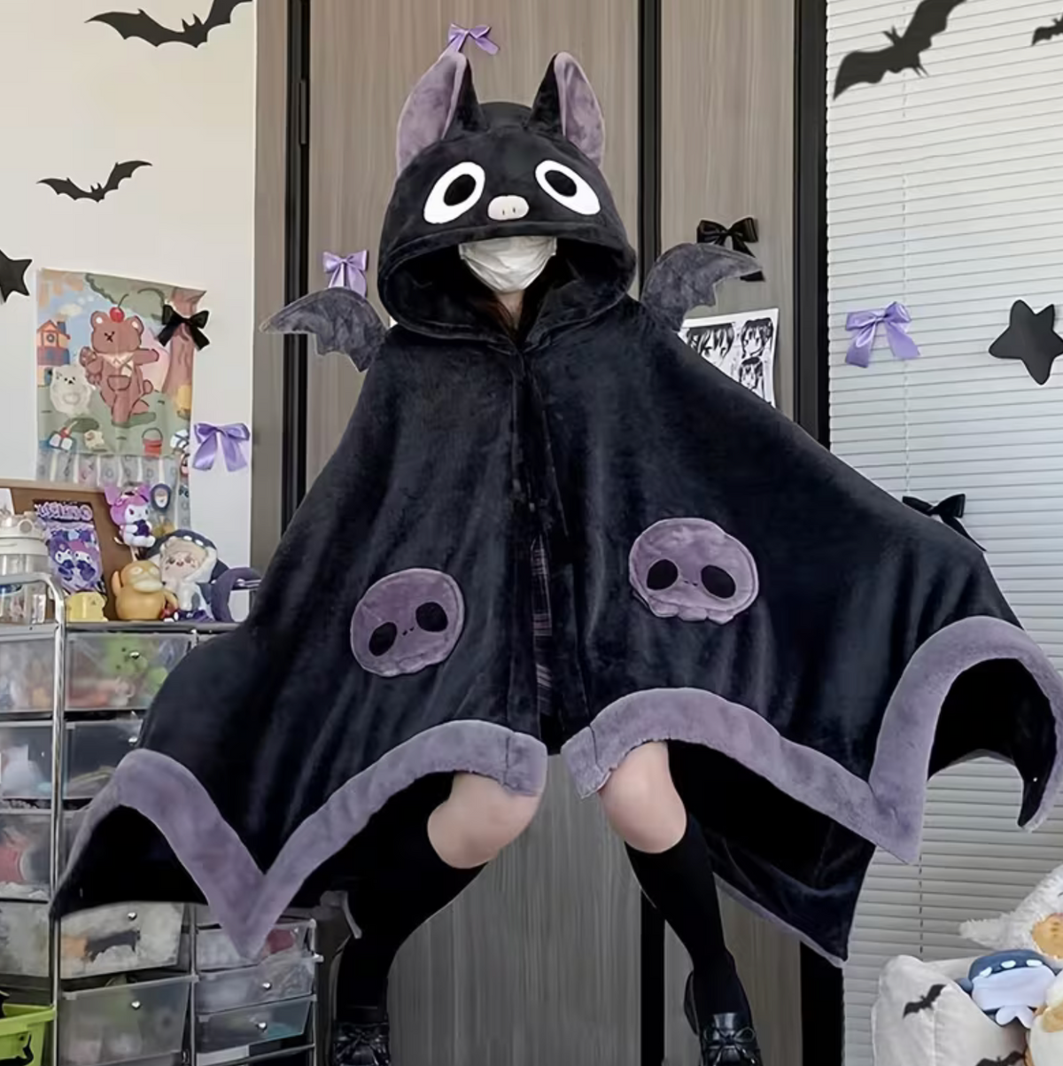 Bat Wing Cape Hoodie with Plush Fur and Hood, Purple One Size