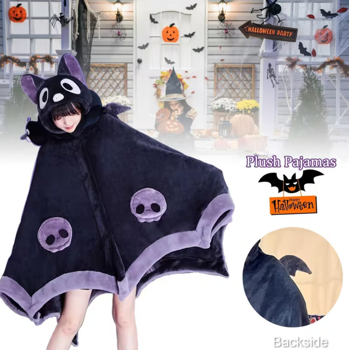 Bat Wing Cape Hoodie with Plush Fur and Hood, Purple One Size
