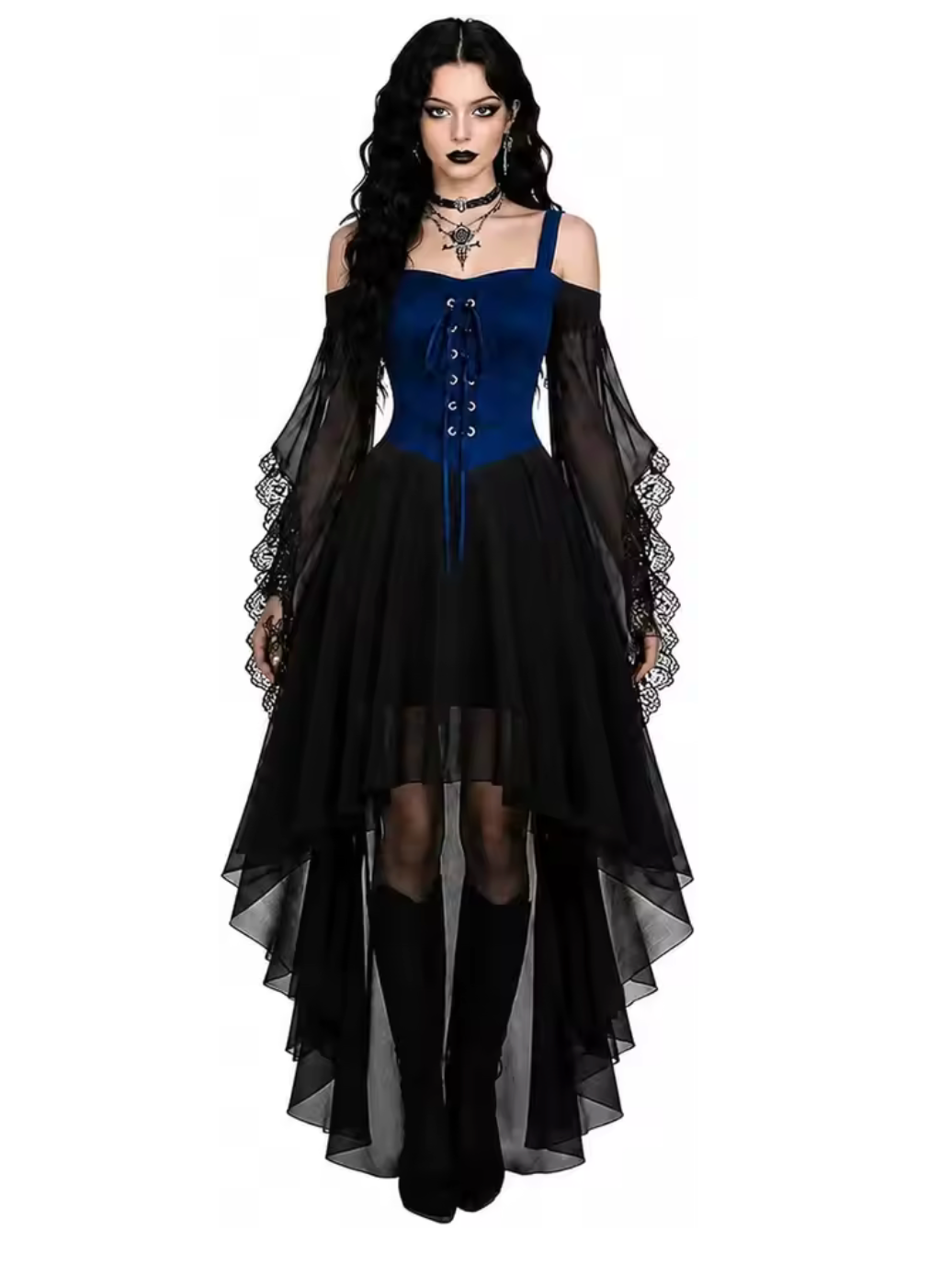 Gothic Witch Dress with Butterfly Sleeves and Mesh Fabric, Medieval Cut