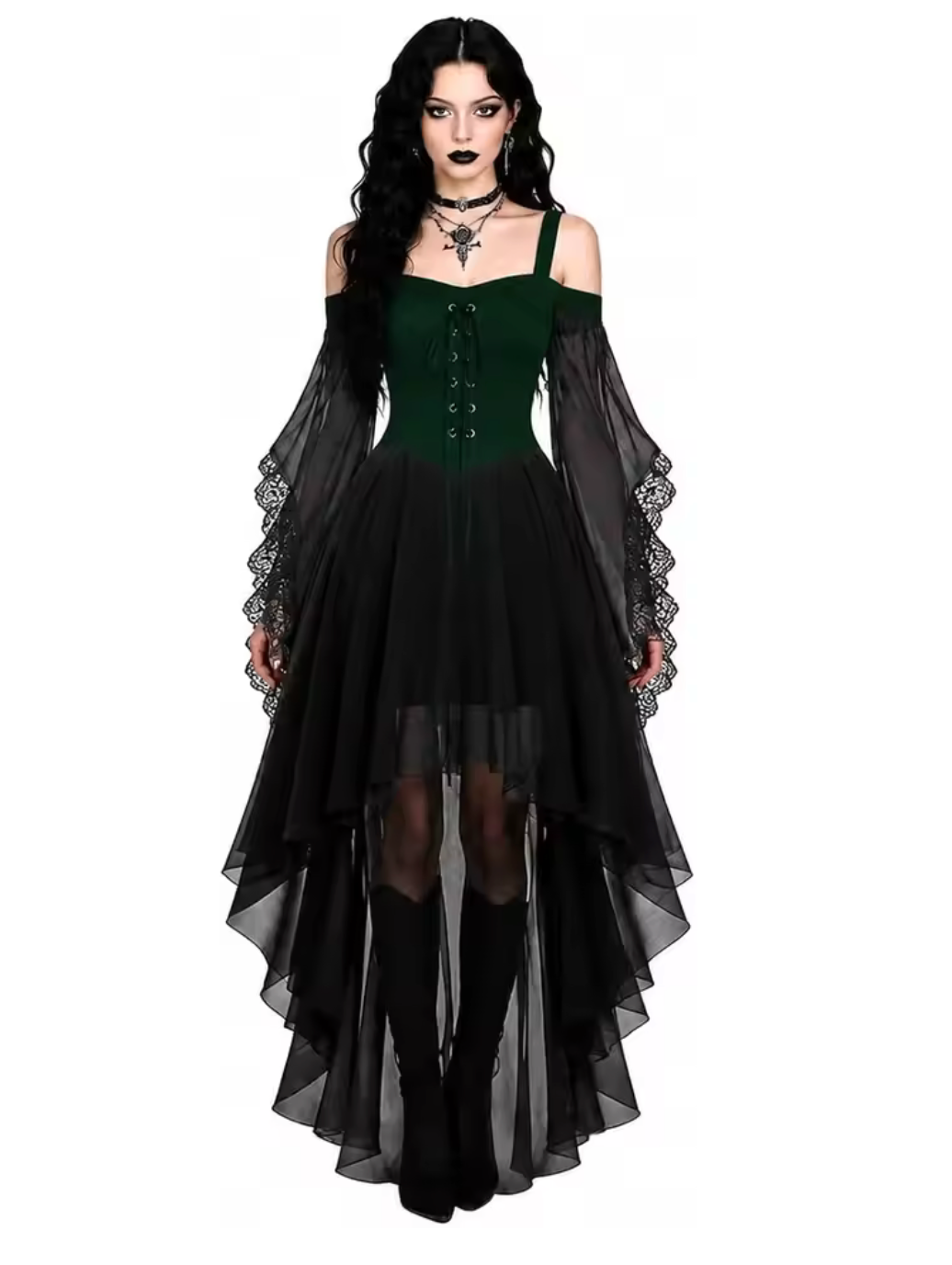 Gothic Witch Dress with Butterfly Sleeves and Mesh Fabric, Medieval Cut