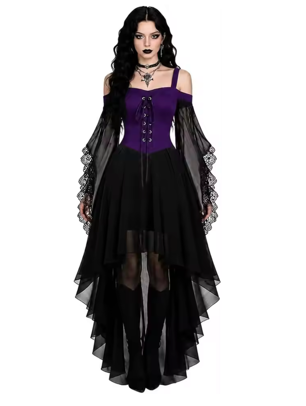 Gothic Witch Dress with Butterfly Sleeves and Mesh Fabric, Medieval Cut