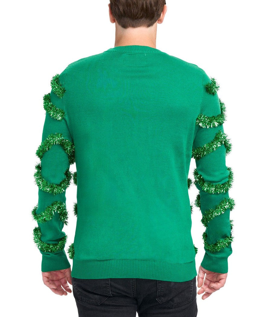 Mens Ugly Garland Christmas Sweater with Shiny Baubles and Tinsel Trim, Green Tree Design