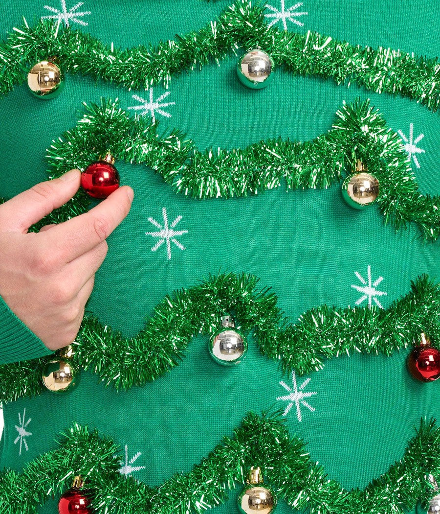Mens Ugly Garland Christmas Sweater with Shiny Baubles and Tinsel Trim, Green Tree Design